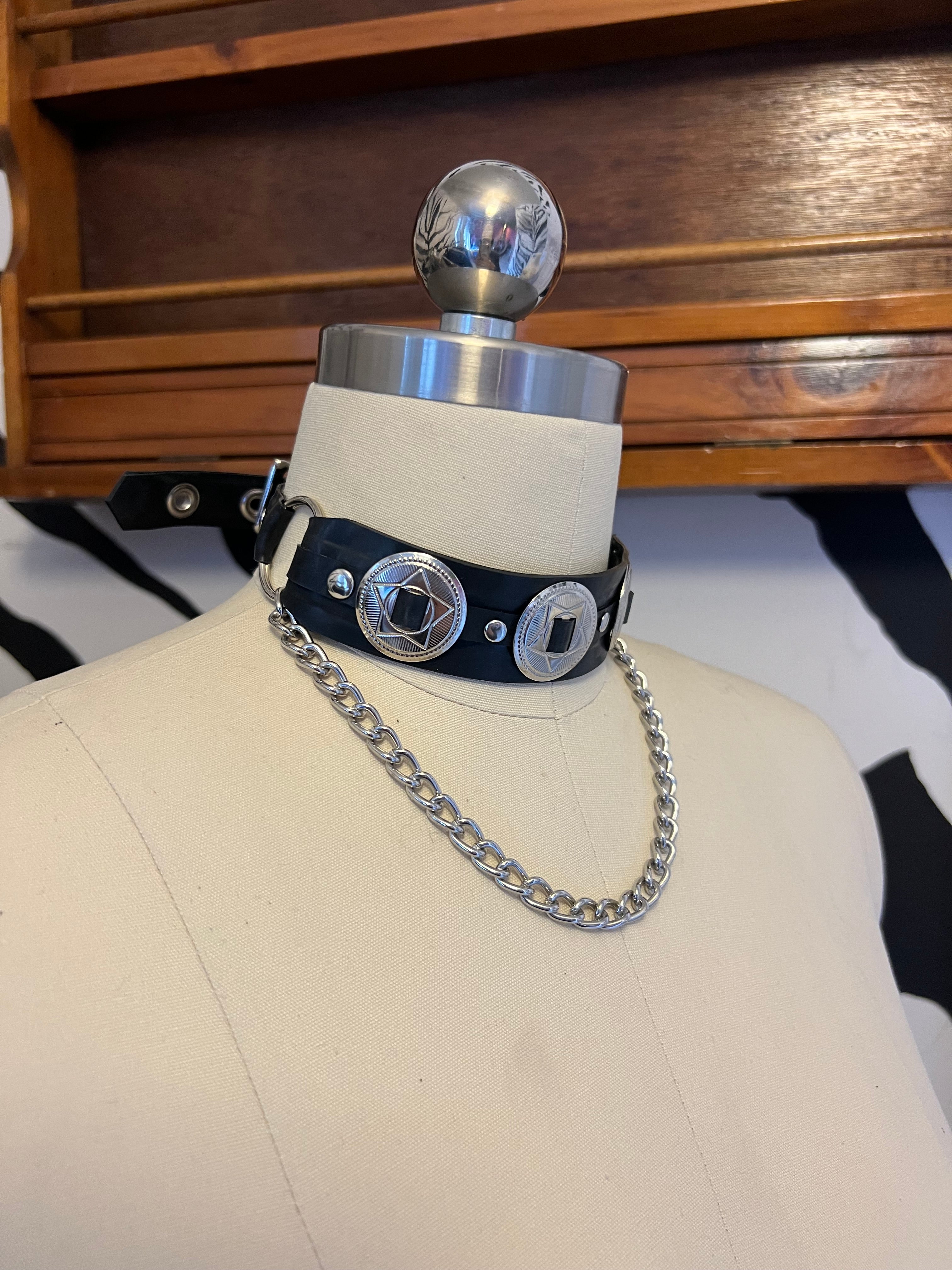 Boot Strap Latex Chain Collar with Conchos