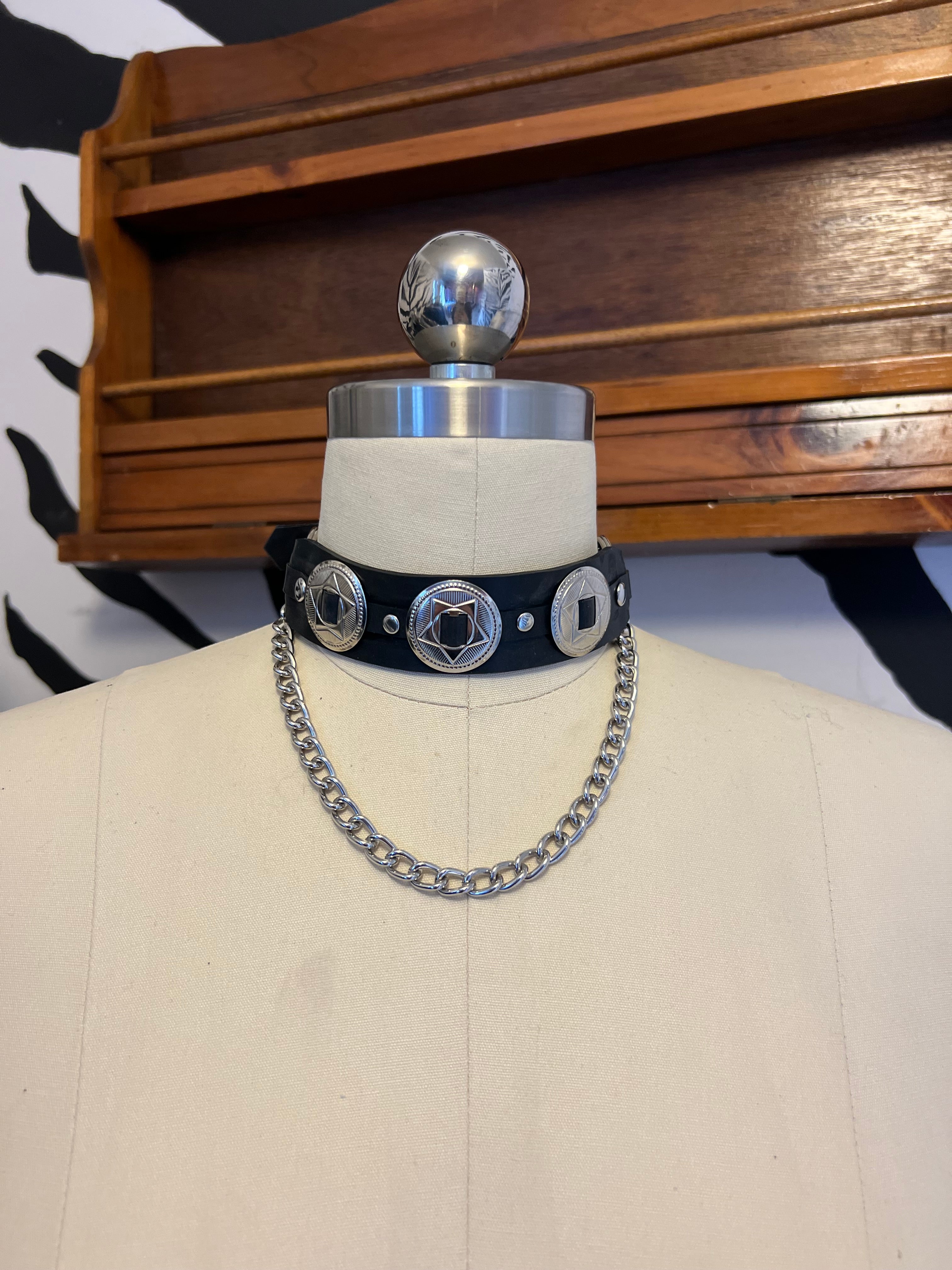 Boot Strap Latex Chain Collar with Conchos