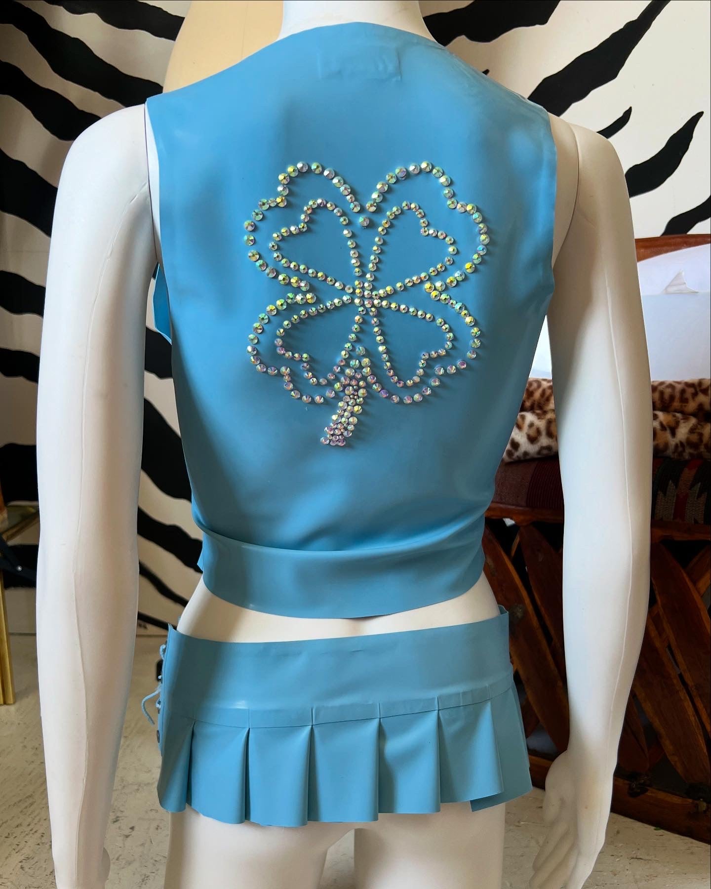 Four Leaf Clover Rhinestone Latex Vest & Micro Kilt