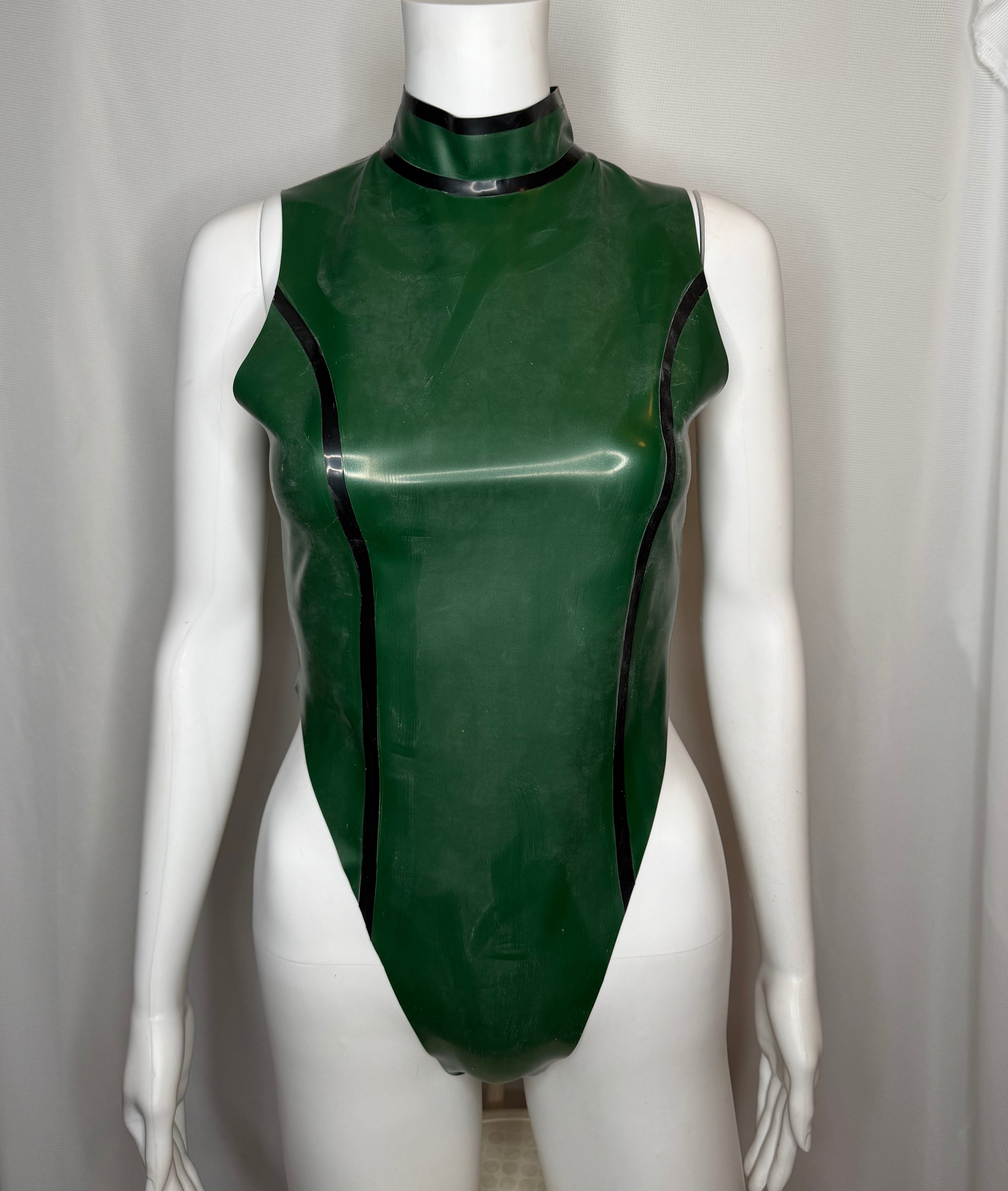 High Cut Metallic Green Latex Bodysuit - Small