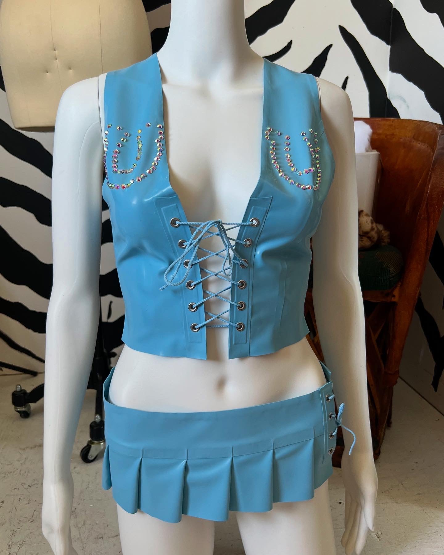 Four Leaf Clover Rhinestone Latex Vest & Micro Kilt