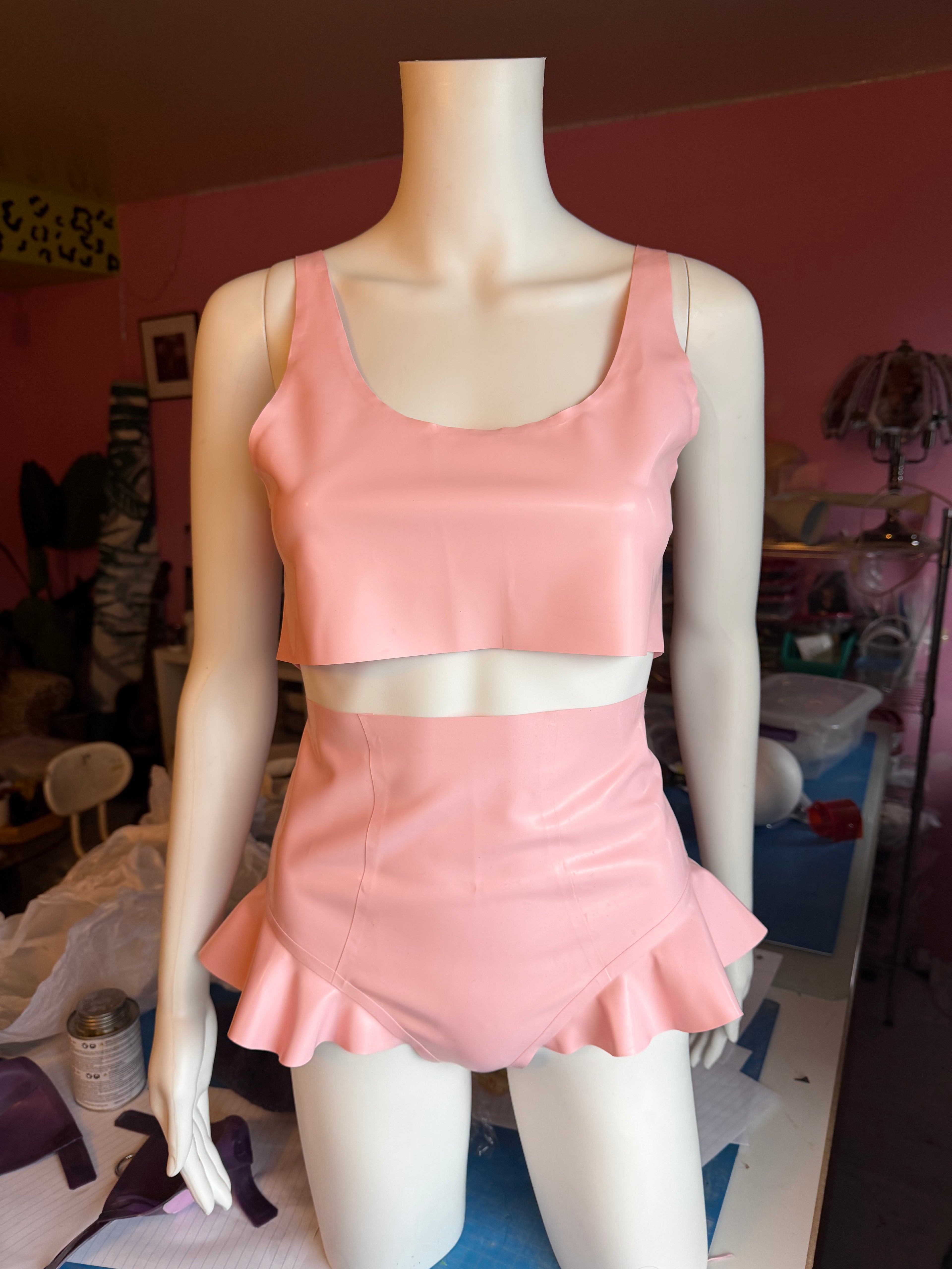 Baby Pink Latex Crop Top and Bottom Set - Medium