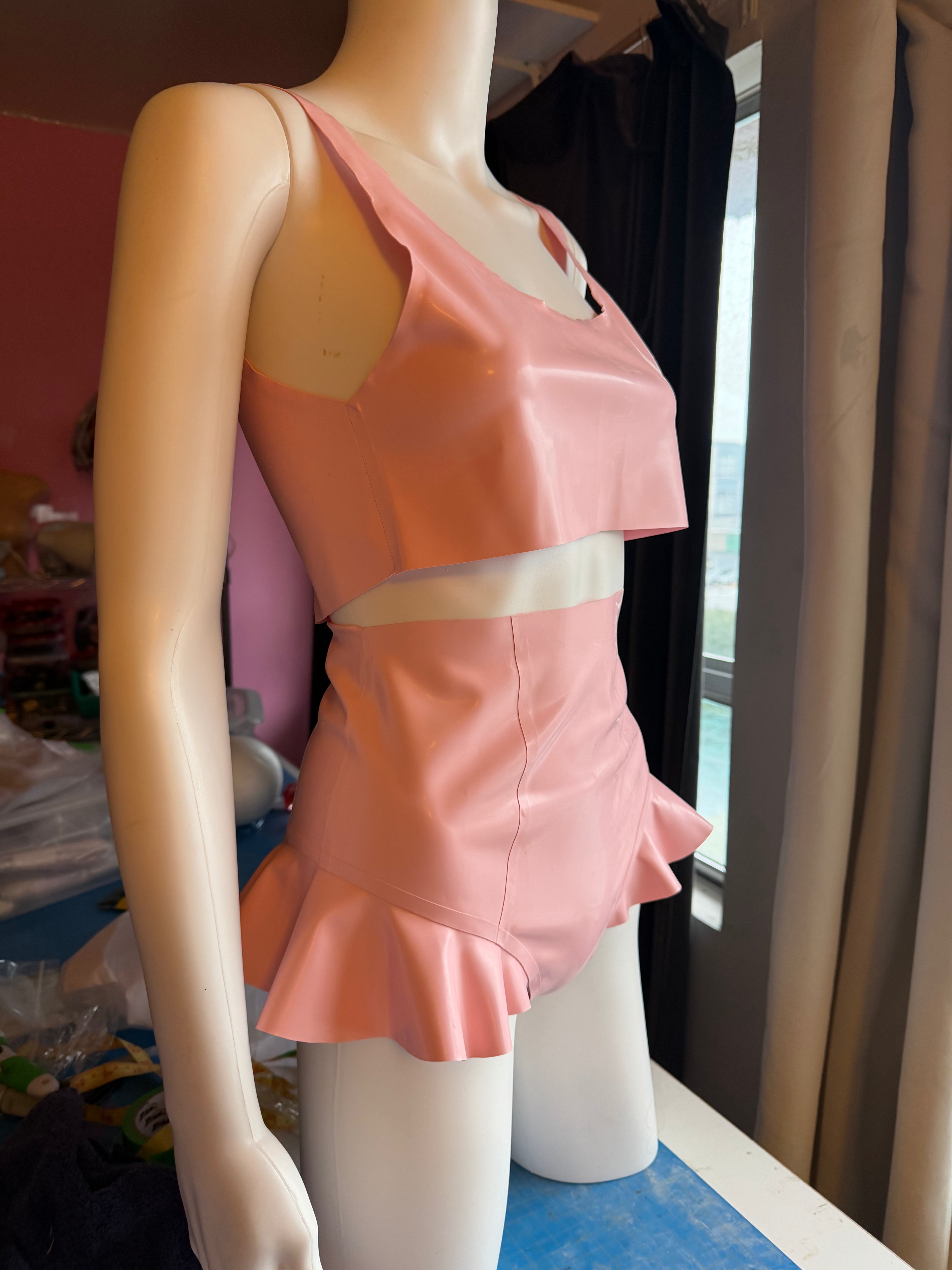 Baby Pink Latex Crop Top and Bottom Set - Medium