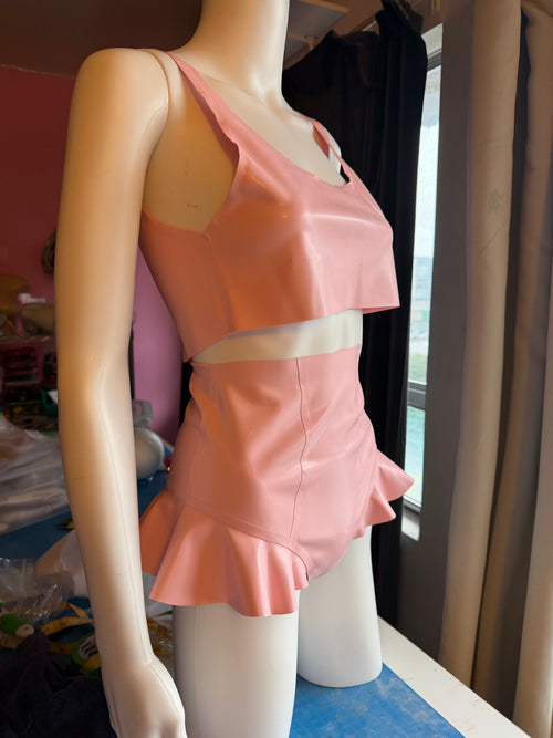 Baby Pink Latex Crop Top and Bottom Set - Medium