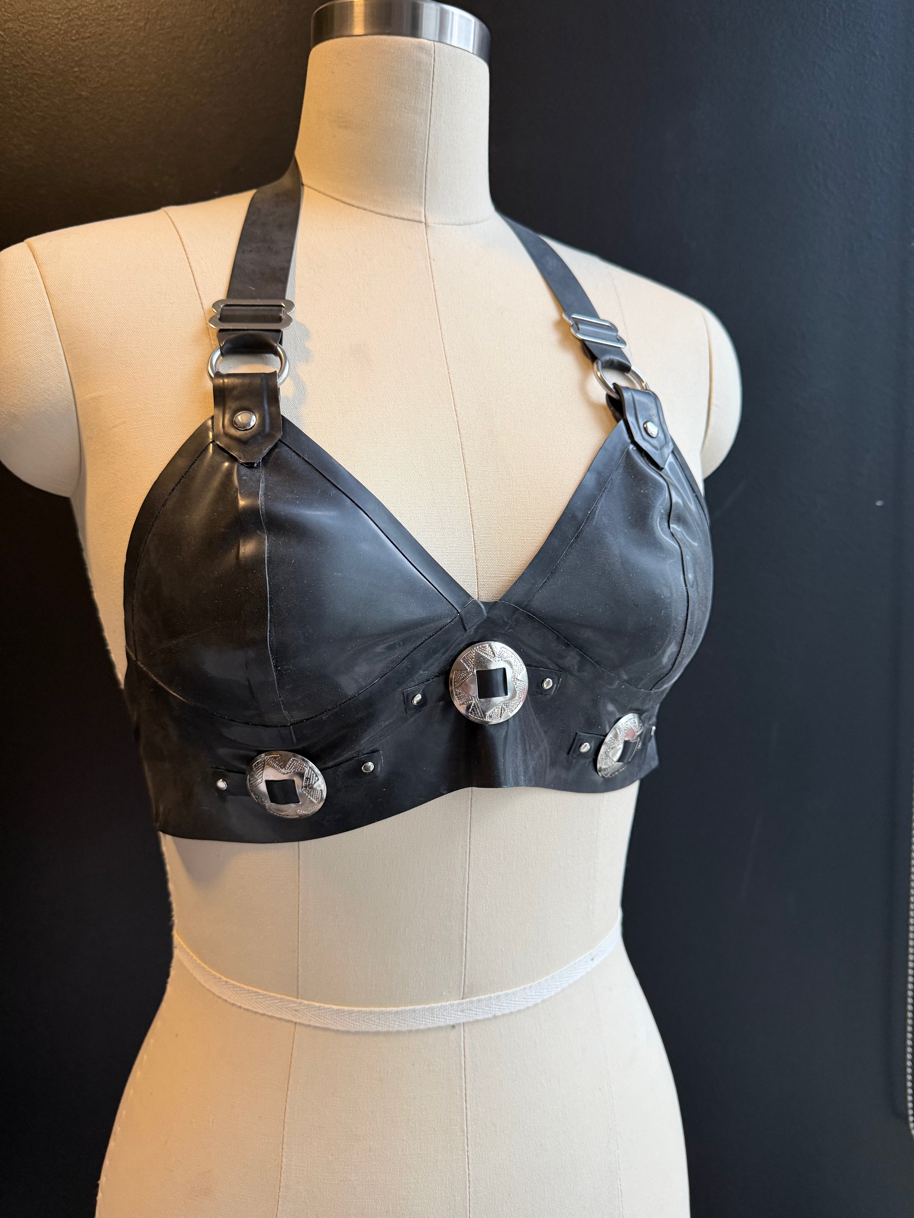 Black Latex Bra with Conchos  - Small