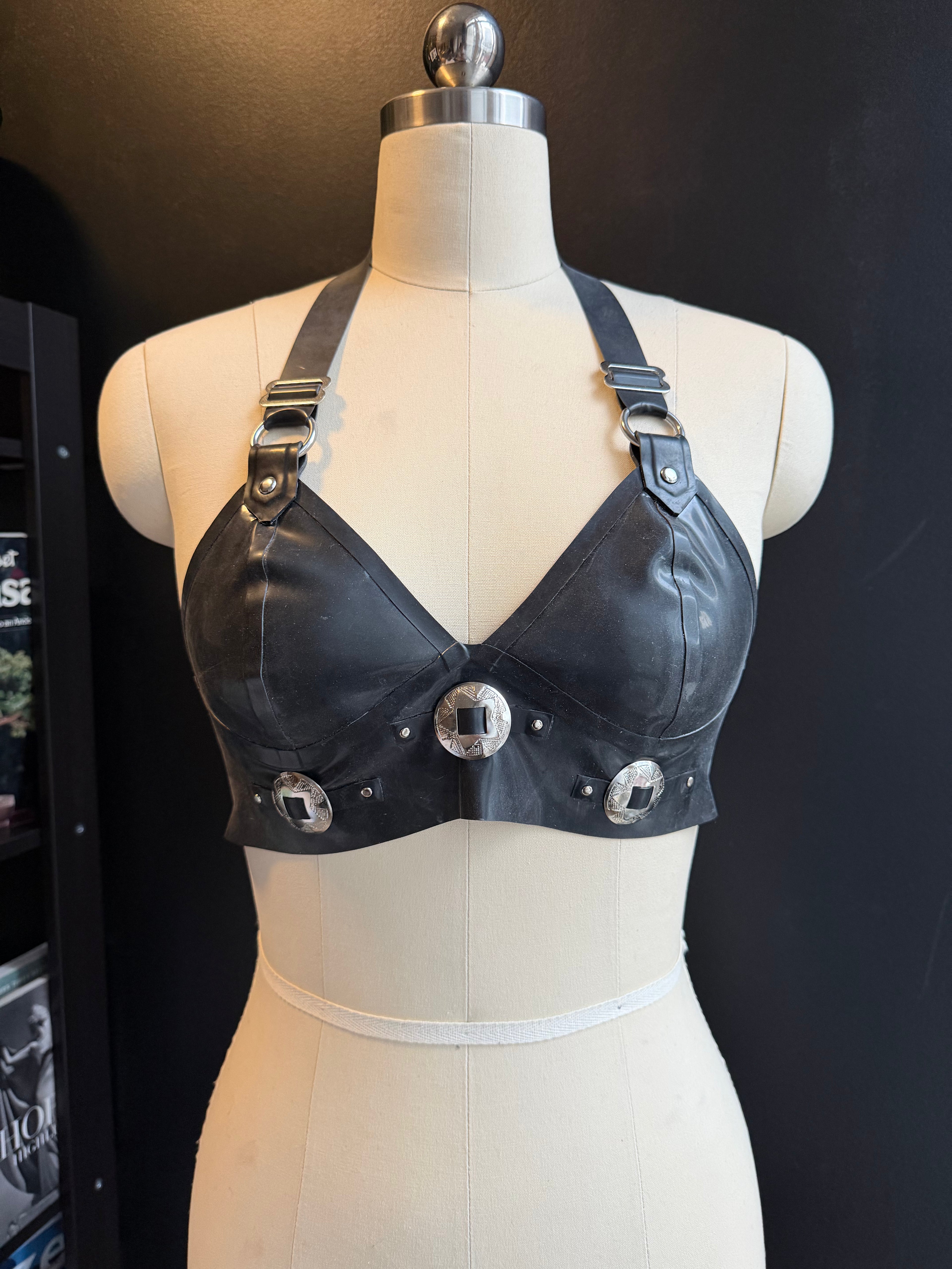 Black Latex Bra with Conchos  - Small