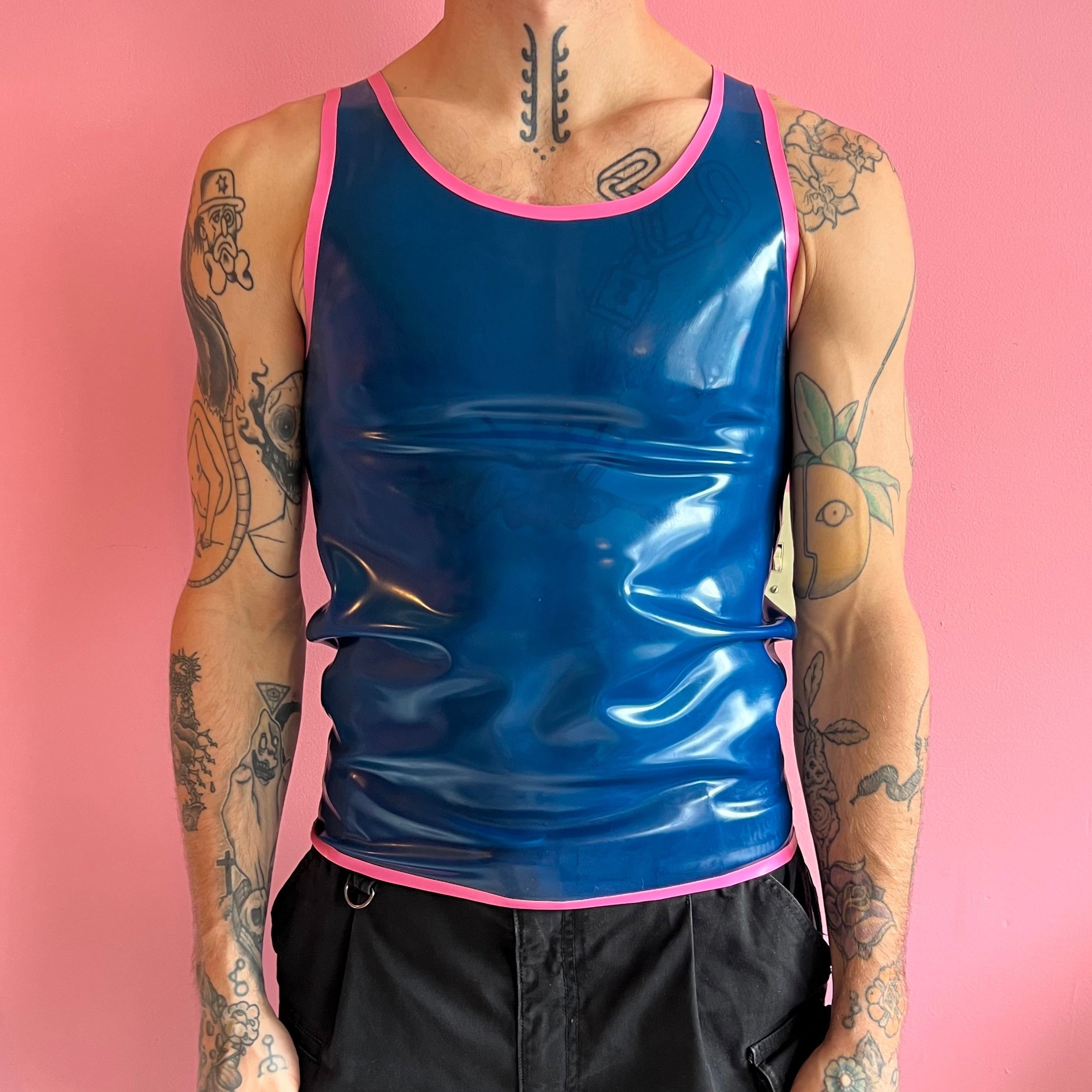 Transparent Blue Latex Tank Top with Pink Trim - Small