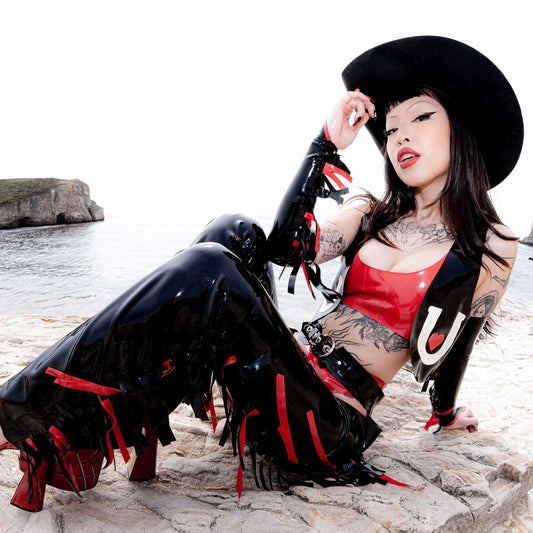 Custom Latex Horseshoe & Heart Applique Vest, Gloves and Chaps
