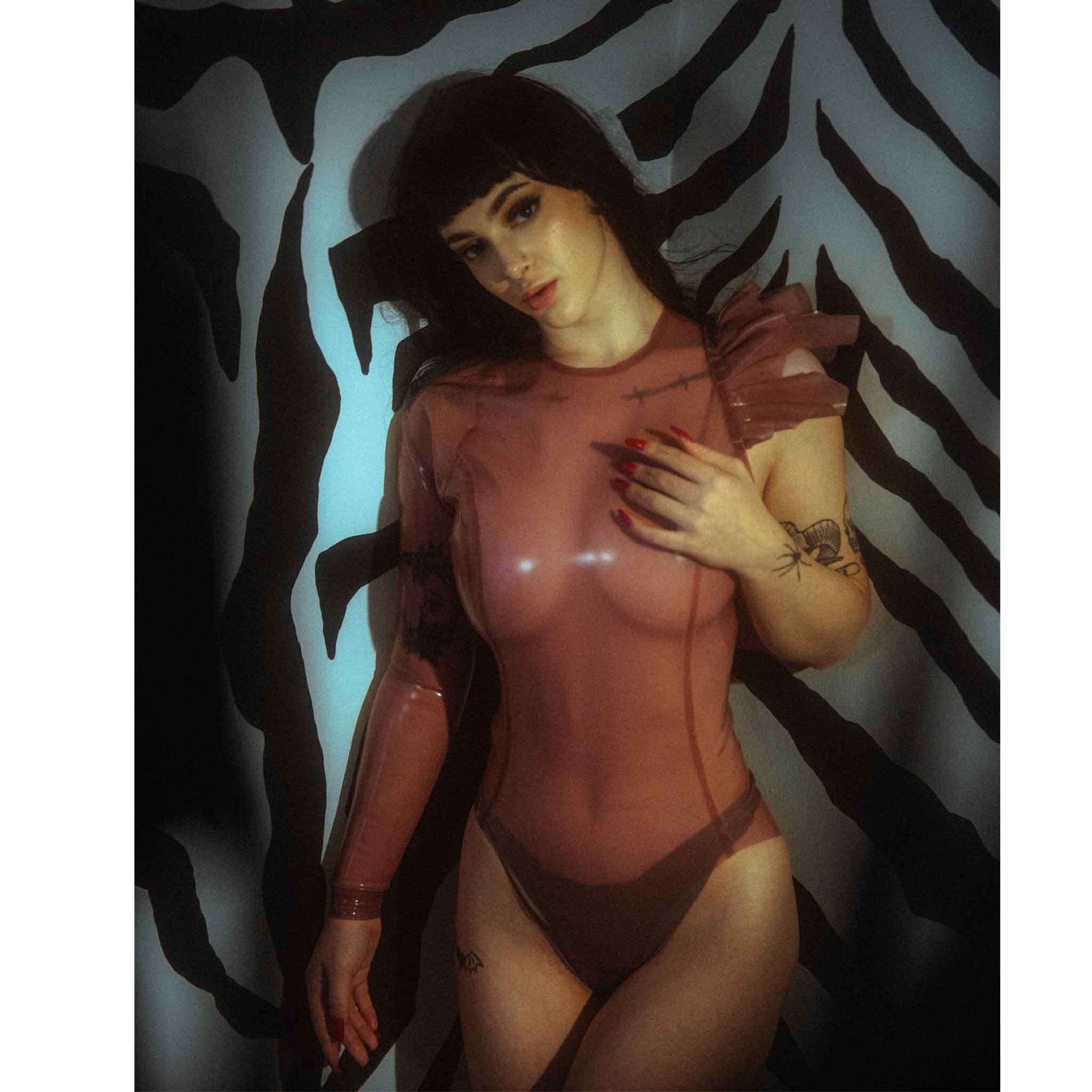 Transparent Latex Asymmetrical Ruffle Shoulder Bodysuit (Made to Order)