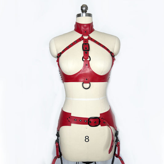 Red and Black Convertible Latex Chest Harness and Wide Latex Belt Set (Made to Order)