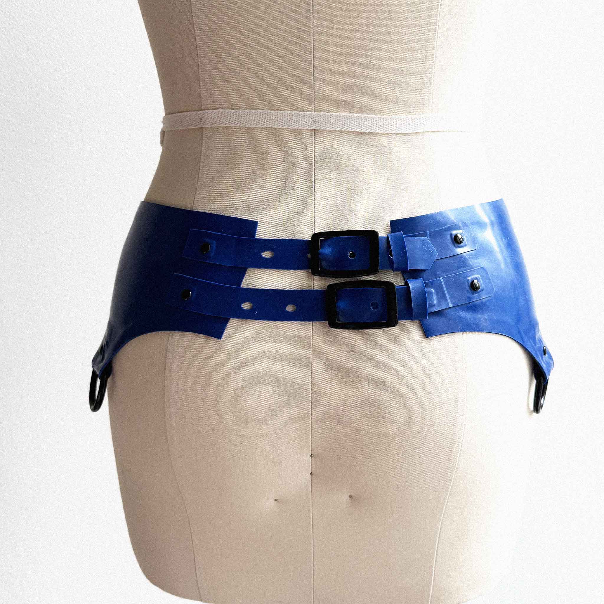 Royal Blue Latex Lower Harness with Black Hardware - READY TO SHIP