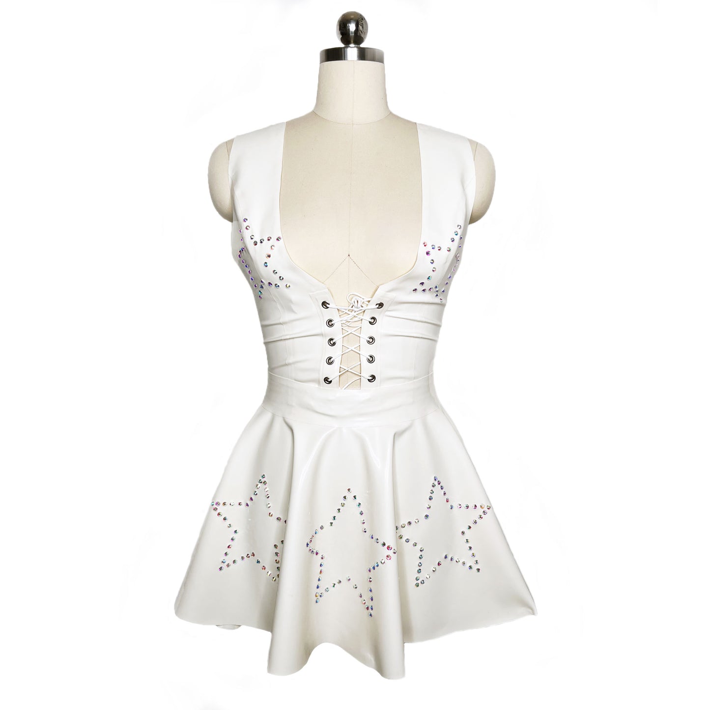 White Latex Rhinestone Star Vest and Circle Skirt Set
