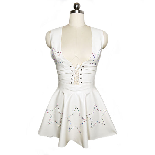 White Latex Rhinestone Star Vest and Circle Skirt Set