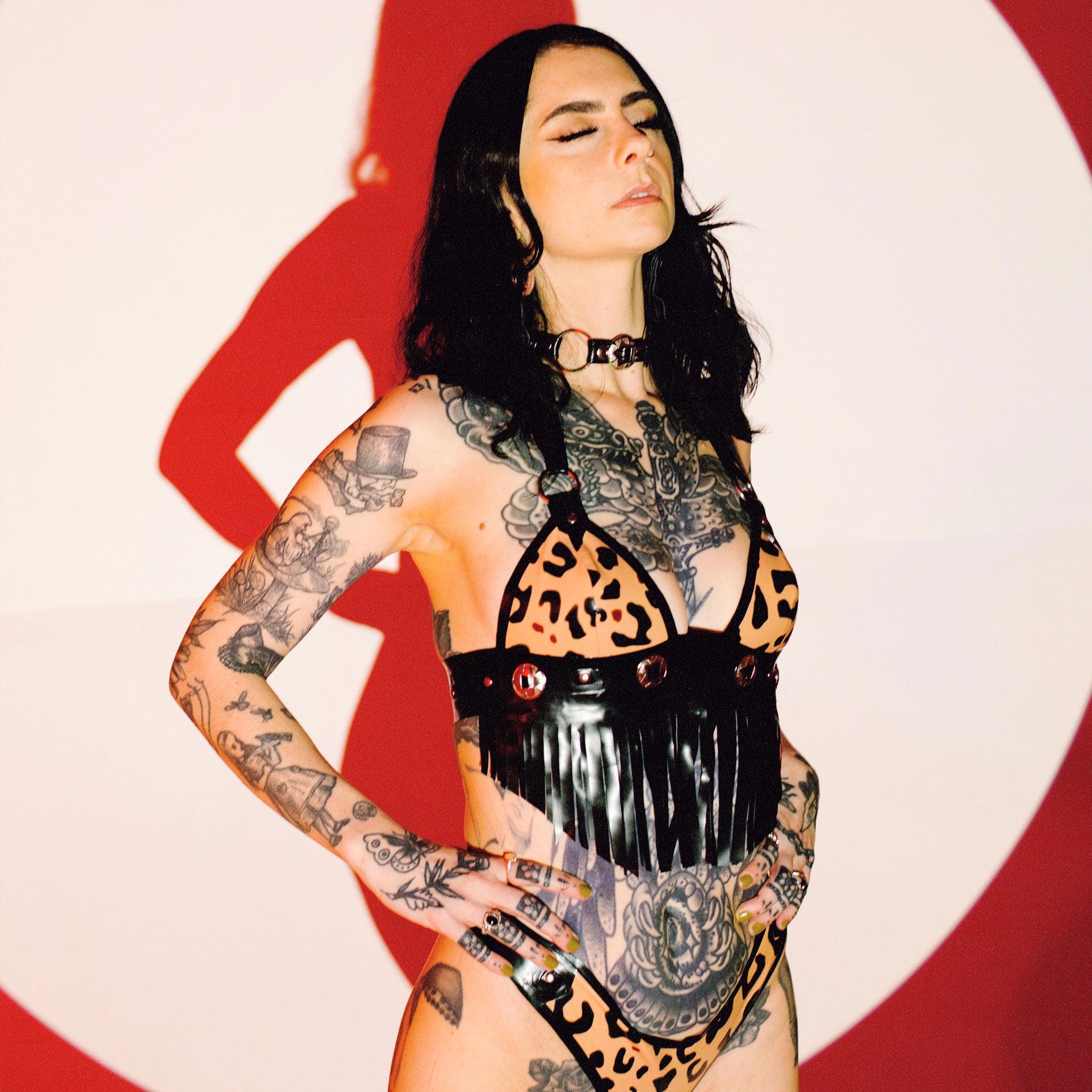Leopard Print Latex Fringe is & Concho Top and Thong Set (Made to Order)