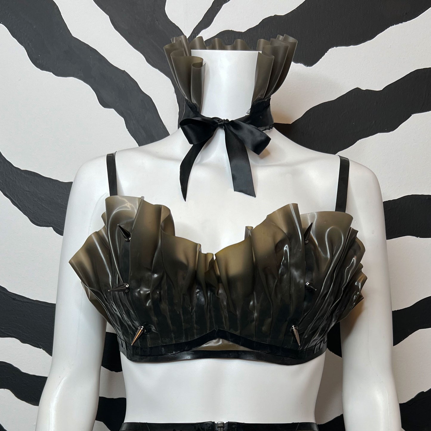 Latex Ruffle Bra with Spikes, Latex Ruffle Collar and Latex Garter Skirt