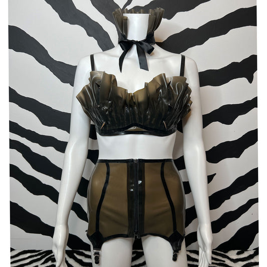 Latex Ruffle Bra with Spikes, Latex Ruffle Collar and Latex Garter Skirt